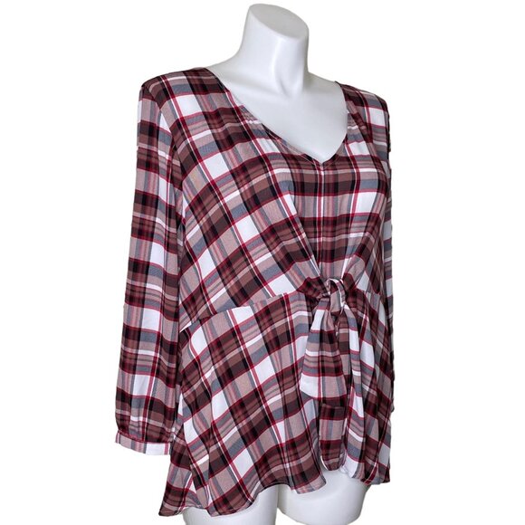 Torrid Georgette Tie-Front Blouse, Red Plaid Long Sleeve V-Neck Women's Size 3 - Picture 5 of 13